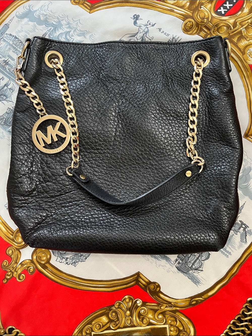 AUTHENTIC Michael Kors Black Pebbled Leather Shoulder Bag with Gold Chain